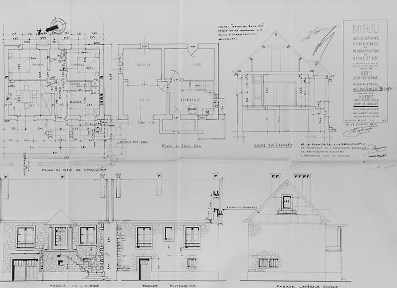 Maison de M. Matinier : plans, élévations et coupe, 1949. M.R.U.