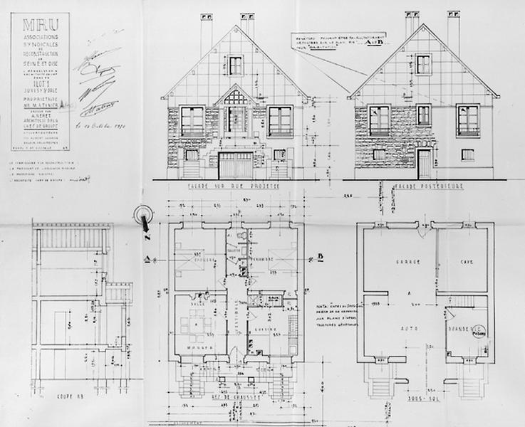 Maison de M. Matinier : plans, élévations et coupe, 1950. M.R.U.