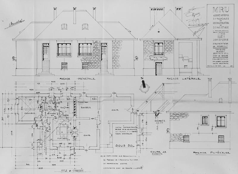 Maison de M. Mespezat : plans, élévations et coupe, 1949. M.R.U.