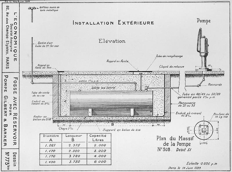 Plans et élévations d'un réservoir pour pompe Gilbert et Barker, avec élévation de la pompe, dessin 773bis dressé par l'entreprise 'L'Economique', s.a. Paris.