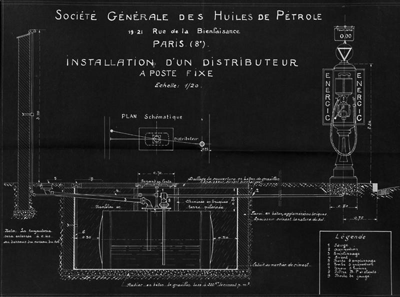 Modèle d'installation-type d'un distributeur à poste fixe d'essence 'Energic' de la Société générale des Huiles de Pétrole, dressé sur bleu le 20 mai 1927.