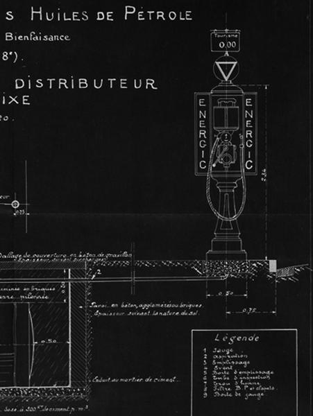 Modèle d'installation-type d'un distributeur à poste fixe d'essence 'Energic' de la Société générale des Huiles de Pétrole, dressé sur bleu le 20 mai 1927 : détail de la colonne de distribution.