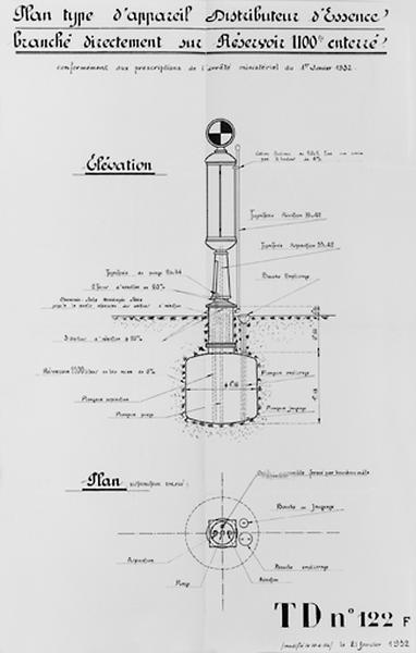 Plan-type d'appareil distributeur d'essence branché directement sur réservoir enterré dans la station service de MM. Lefèvre et Vernois : modèle TD n°122 f du 21 janvier 1932 modifié le 10 avril 1934