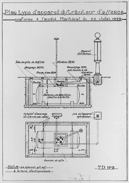 Plan-type d'appareil distributeur d'essence conforme à l'arrêté ministériel du 22 juillet 1929 dans la cour privée de M. Grossin.