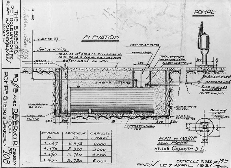 Plan-type de fosse avec réservoir d'essence pour pompe 'Gilbert and Barker' diffusé par 'The Bedford Petroleum Company', dressé le 7 avril 1921