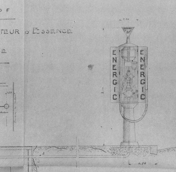 Plan-type d'installation d'un distributeur d'essence à poste fixe 'Energic', diffusé par la 'Société générale des huiles de pétrole', non daté : détail de la colonne de distribution.