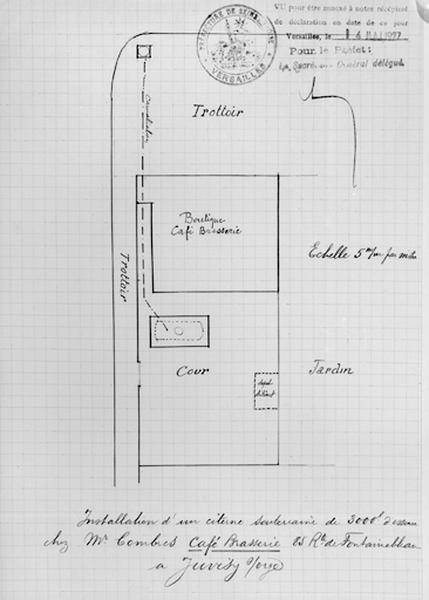 Plan d'ensemble des bâtiments et de l'installation de la pompe sur l'avenue de la Cour de Francer (R.N. 7), dressé sur papier quadrillé le 4 mai 1927.