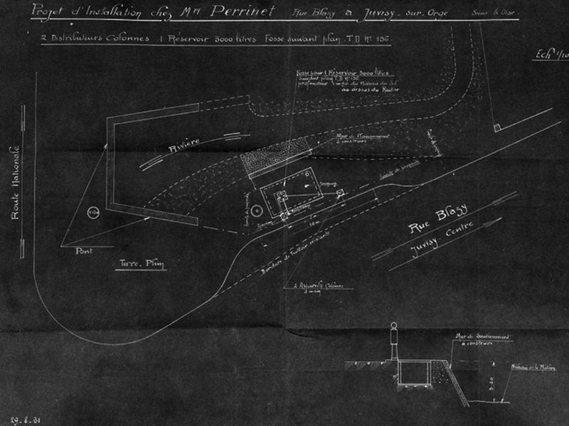 Plan d'ensemble des installations de la station service de M. Perrinet, dressé sur bleu le 29 août 1931.