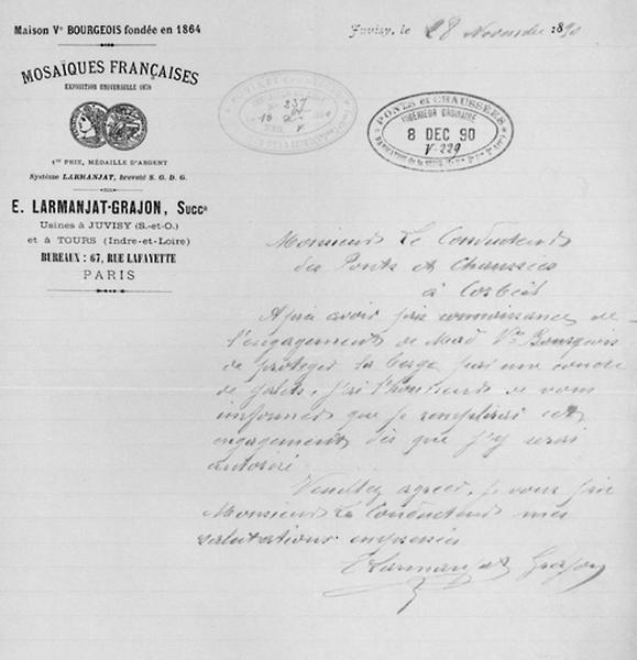 Papier à en-tête de l'entreprise E. Larmanjat-Grajon, fabriquant de mosaïques à Juvisy, daté du 28 novembre 1890.