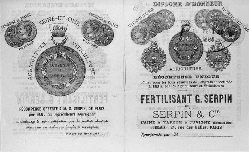 Couvertures d'une plaquette publicitaire vantant l'intérêt du 'Fertilisant G. Serpin'