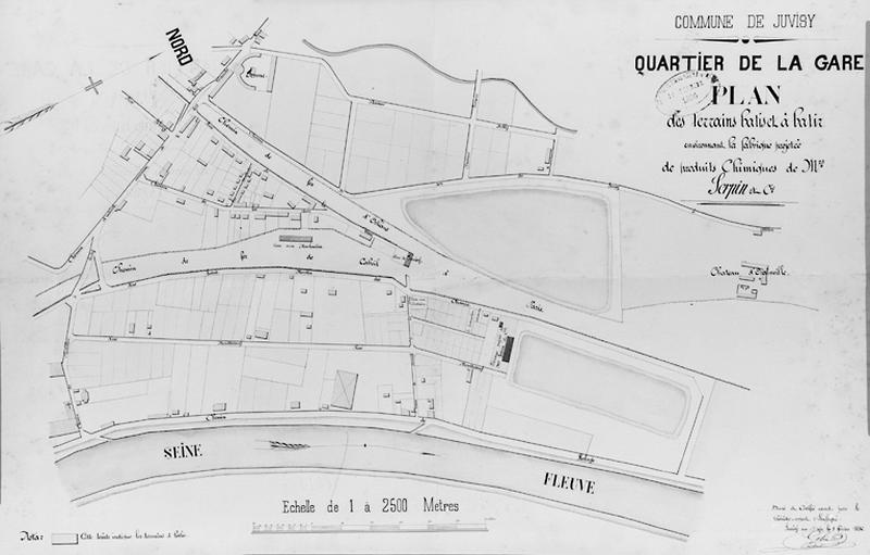 Gare de Juvisy-voyageurs (1e gare) : plan d'implantation à l'angle de la rue Jean Danaux et de la rue des Montants de l'usine d'engrais et d'insecticide Serpin et Cie, daté du 8 février 1886