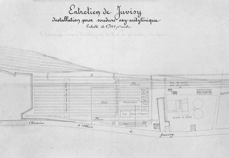 Gare de Juvisy-Dépôt: plan joint à la demande d'autorisation de la Compagnie du chemin de fer de Paris à Orléans d'implanter un appareil de soudure à acétylène dans le 'Petit entretien' du dépôt de Juvisy, novembre 1906.