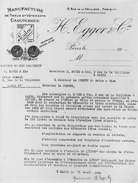 Papier à en-tête de l'entreprise H.Egger et Cie, souhaitant s'installer 26 avenue de l'Hôtel de ville et avenue de l'Orge, daté du19 avril 1920.