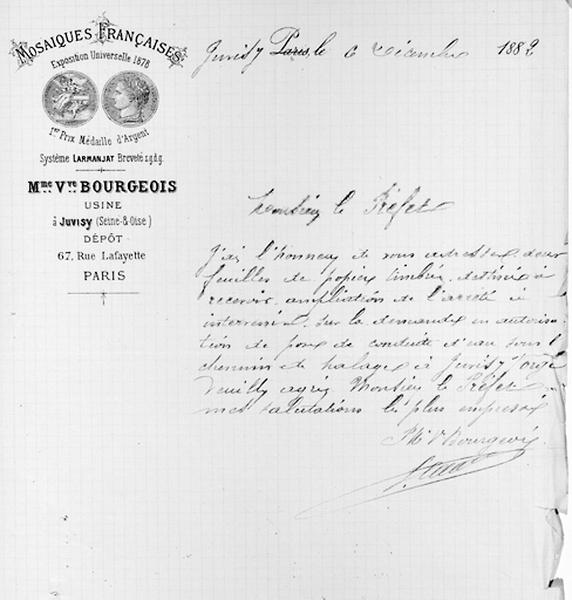 Papier à en-tête de l'entreprise dite 'Mme Vve Bourgeois', implantée à Juvisy, daté du 6 décembre 1882.