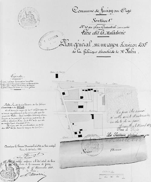 Plan général sur un rayon d'environ 200 mètres de la fabrique d'insecticide de M. Kuhn, anciennement G. Serpin, située rue Montessuy à Juvisy, plan daté du 28 octobre 1888.