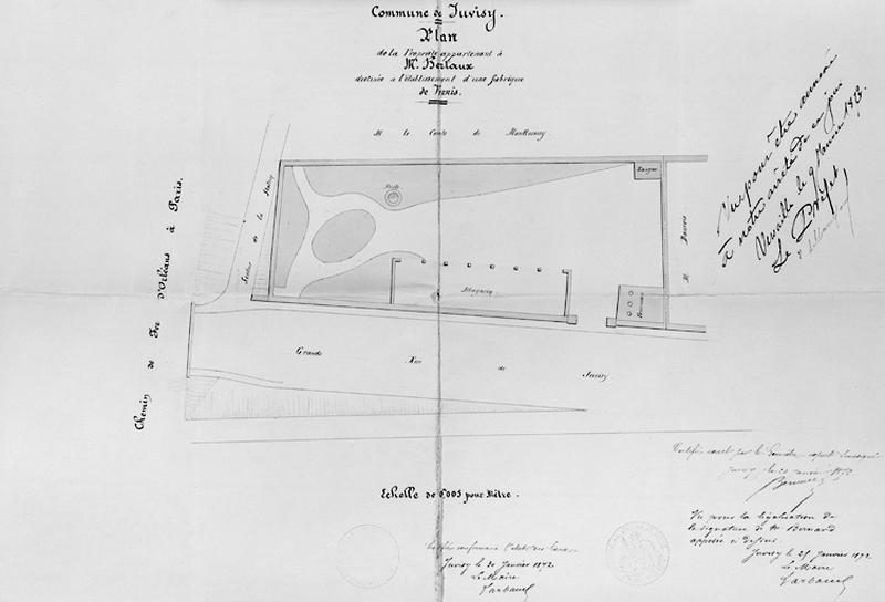 Plan d'occupation de la parcelle située à l'intersection de la Grande rue et de la rue Hoche de la fabrique de vernis projetée, autorisée par le Conseil départemental d'hygiène le 24 septembre 1872, plan sur calque du 21 janvier 1872.