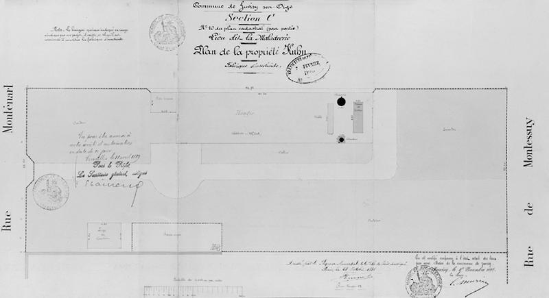 Plan d'occupation de la parcelle C10 de la propriété Kuhn par la fabrique d'engrais insecticide projetée, située entre la rue de Montessuy et la rue de Montenard, plan sur calque de 1889.