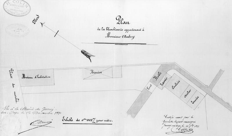 Plan d'occupation de la parcelle par la blanchisserie Aubry projetée, située entre la place Anatole France (anciennement du Marché) et la rue Jules Ferry, plan sur calque signé H. Colin, géomètre à Juvisy, 1891