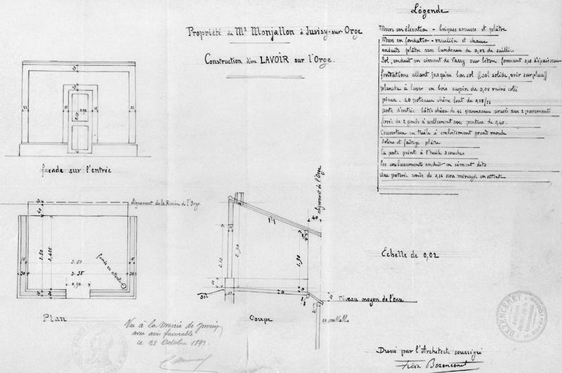 Plan, coupe transversale et élévation sur l'entrée, du lavoir sur l'Orge projeté pour M. Monjallon, octobre 1893