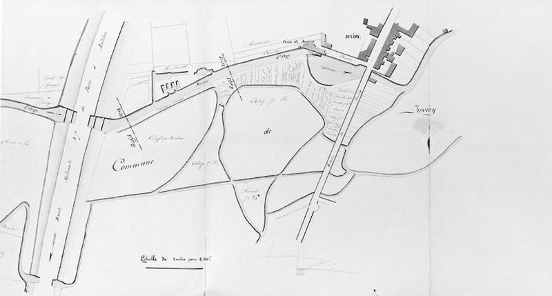 Plan de l'Orge et de ses différents bras morts (boëlles) au cours de sa traversée de la commune de Juvisy, plan aquarellé anonyme, 1928.