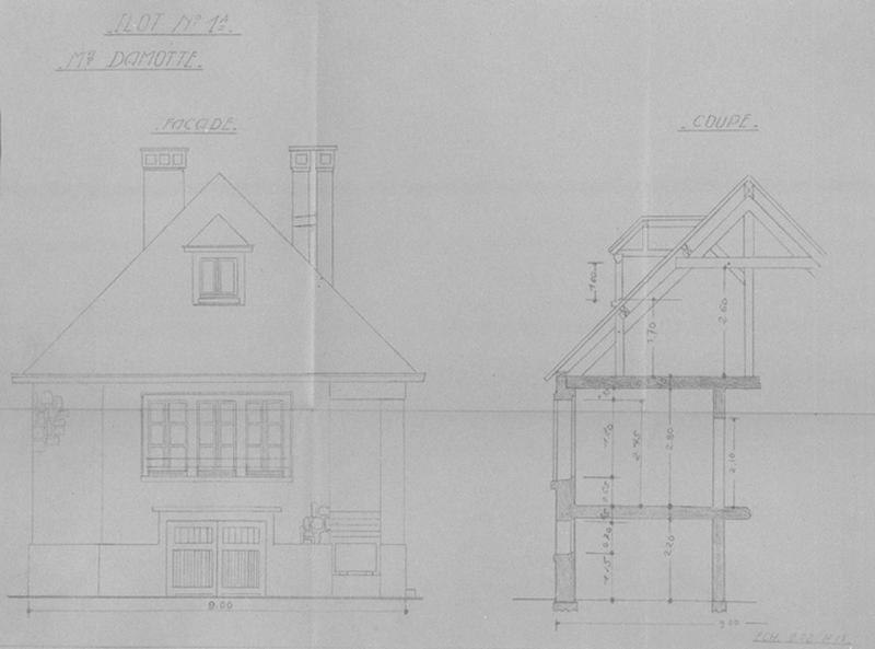 Maison de M. Damotte : façade et coupe de la maison de M. Damotte, ilôt 1A, A. Bechu architecte, E. Valdin architecte d'opération, G. L. Moureau, entrepreneur, mai 1950.