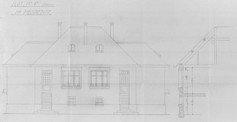 Maison de M. Mespezat : façade et coupe de la maison de M. Mespezat, ilôt 1A, L. Aubert architecte, G. L. Moureau, entrepreneur, mai 1950.