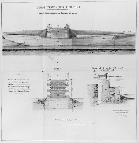 Coupe transversale du pont de Juvisy à Draveil sur la Seine à construire par la 'Société du pont de Juvisy-Draveil s. a.' constituée en juillet 1890 : dessin à la plume et lavis.