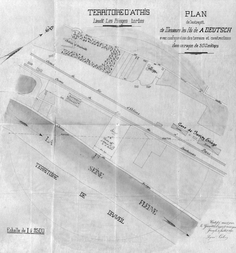 Plan de situation de l'entrepôt de pétrole de la société Deutsch et fils (ensuite Pétroles Jupiter) sur le triage de Juvisy : dessin à la plume sur calque, 31 juillet 1890 ; l'emplacement correspondait approximativement aux numéros 21-27 du quai de l'Industrie.