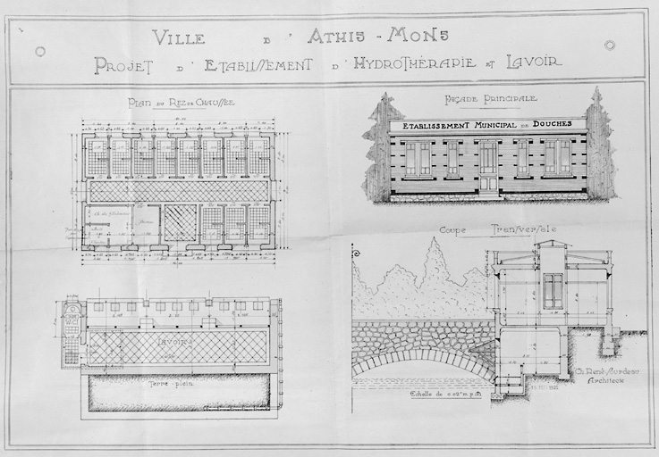 Plan, élévation et coupe des bains-douches du Cottage, établis par René Sourdeau, architecte municipal, 15 septembre 1922.