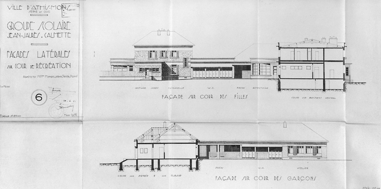 Façades latérales sur les cours de récréation ; L. Mendelssohn, Thivier et Poggi, architectes, mars 1951.