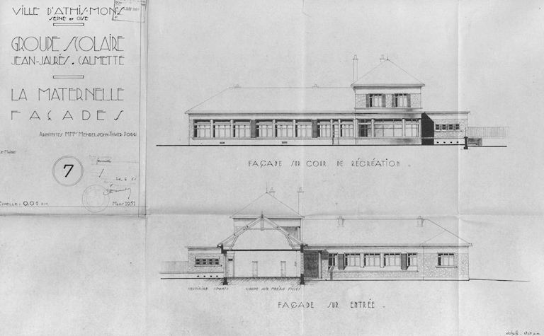 Ecole maternelle Calmette : façades sur entrée et sur cours de récréation ; L. Mendelssohn, Thivier et Poggi, architectes, mars 1951.