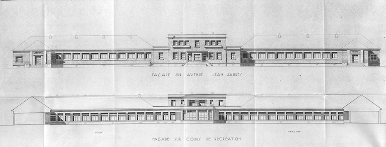 Façade sur avenue Jean Jaurès et sur cour de récréation ; L. Mendelssohn, Thivier et Poggi, architectes, mars 1951.