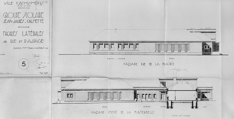 Façades latérales sur rue et côté de la maternelle ; L. Mendelssohn, Thivier et Poggi, architectes, mars 1951.