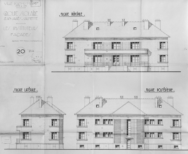 Façades du logement des instituteurs ; L. Mendelssohn, Thivier et Poggi, architectes, mars 1951.