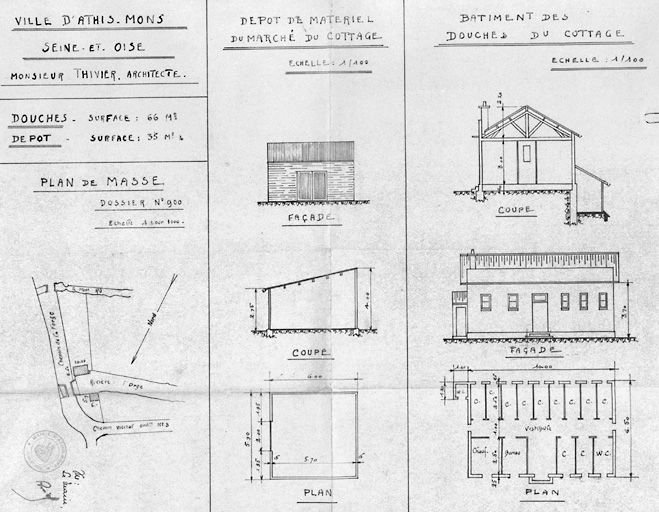 Plans et élévations des douches du Cottage et du dépôt de matériel, avec plan de situation, dressés après destruction par J. Thivier, architecte municipal, s. d.