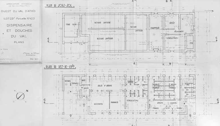 Plans du sous-sol et du rez-de-chaussée ; Mendelssohn et Thivier et Poggi, architectes, mai 1951.