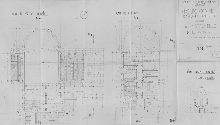 La maternelle : plans du rez-de-chaussée et de l'étage ; Mendelssohn et Thivier et Poggi, architectes, mars 1951.