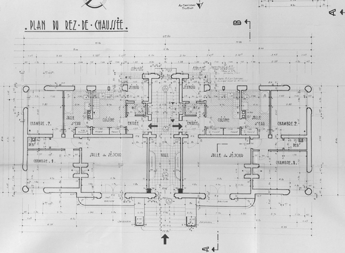 Logement des instituteurs : plan du rez-de-chaussée ; Mendelssohn et Thivier et Poggi, architectes, mars 1951.