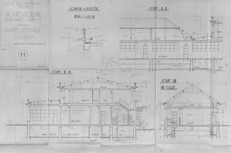 Coupe sur la partie centrale ; Mendelssohn et Thivier et Poggi, architectes, mars 1951.