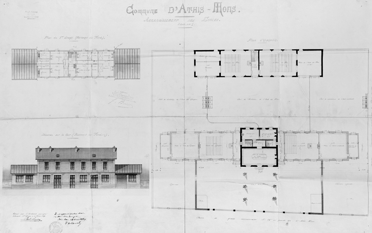 Agrandissement de 1889 : plan d'ensemble, et élévation et 1er étage du bâtiment situé en fond de cour, dressés par l'architecte Paul Simon, 14 février 1889.