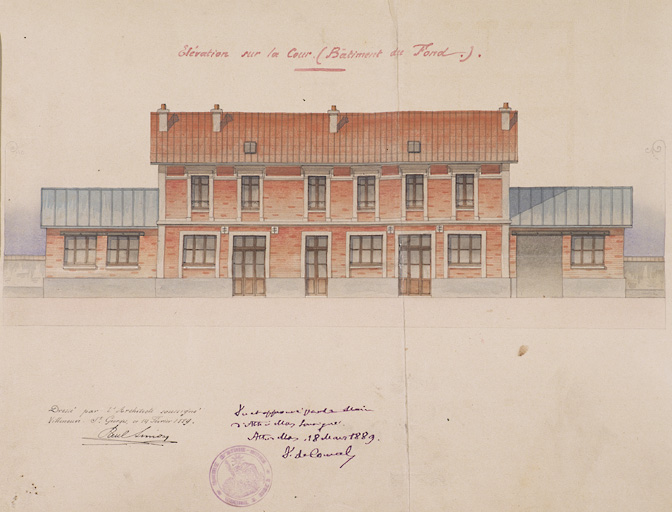 Agrandissement de 1889, détail du plan dressé par Paul Simon : élévation sur la cour du bâtiment du fond. 14 février 1889.