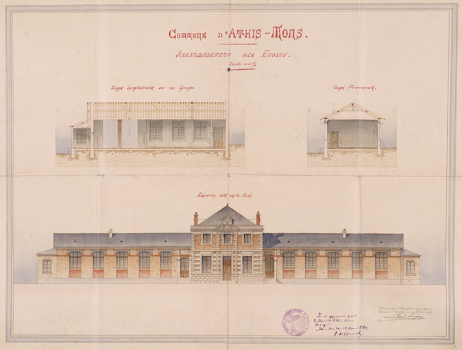 Agrandissement du bâtiment par l'architecte Paul Simon en 1189 : élévation principale et coupes longitudinale et transversale sur un groupe ; 14 février 1889.