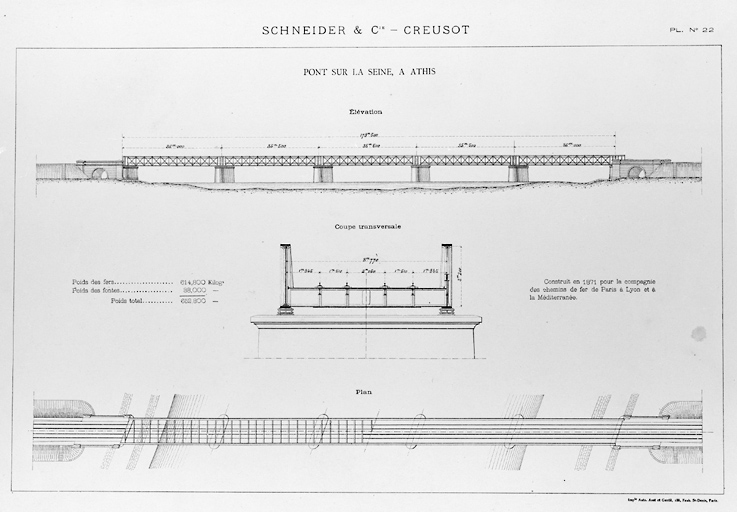 Elévation longitudinale, coupe transversale sur le tablier et plan ; Schneider et Cie, 1871. Le pont d'une longueur de 178, 5 m se compose de trois travées de 35, 5 m et de deux travées de 36 m reposant sur quatre piles de maçonnerie.
