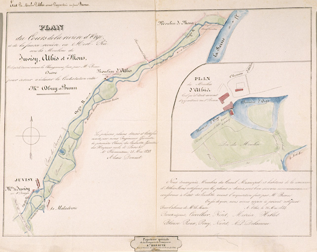 Plan du moulin 'tel qu'il était avant d'appartenir à M. Bunn', dressé par l'ingénieur géomètre Alexis Donnet, 25 mai 1833. C'est en 1827 que John Bunn a été autorisé à établir une fabrique d'acier sur l'emplacement du moulin d'Athis.