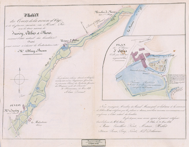 Plan de 'l'usine d'Athis telle qu'elle est aujourd'hui', dressé par l'ingénieur géomètre Alexis Donnet, 25 mai 1833. Depuis 1829, un procès oppose John Bunn à Mme Vve Duhuy, propriétaire du moulin de Mons : pour donner plus d'importance à ses forges, J. Bunn a pratiqué dans une des berges de la rivière une ouverture pour détourner l'eau de son cours naturel, et à la faveur d'un vaste réservoir de 4285 m2 qu'il a établi à côté de l'usine, il retient les deux tiers du temps l'eau de la rivière pour donner plus de force aux deux roues de son moulin, ce qui occasionne le chômage de celui de Mons.