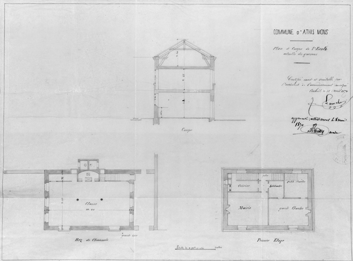 Plan et coupe de la première mairie-école (école de garçons), ruinée par l'occupation allemande de 1870. Elle se situait près du carrefour de la rue de Champagne ; J. Laroche, 13 avril 1870.