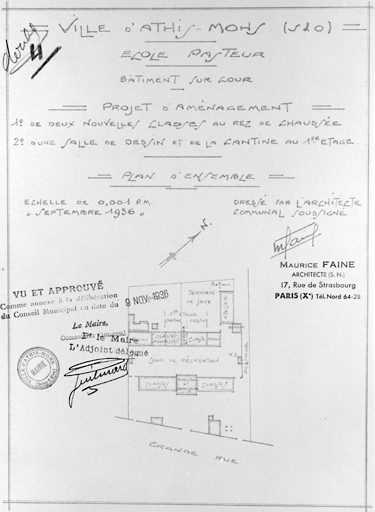 Projet d'aménagement, dans le bâtiment situé en fond de cour, de 2 nouvelles classes au rez-de-chaussée et d'une salle de dessin et d'une cantine au 1er étage, en remplacement de 3 logements désaffectés ; Maurice Faine, architecte à Paris, septembre 1936.