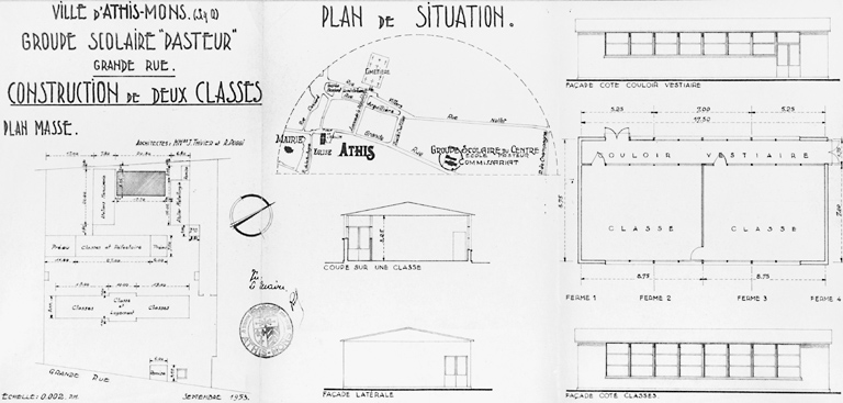 Construction de deux classes en préfabriqué, à l'arrière des bâtiments, entre les ateliers de menuiserie et de serrurrerie : plan masse, coupe et élévations ; architectes Thivier et Poggi, septembre 1953.