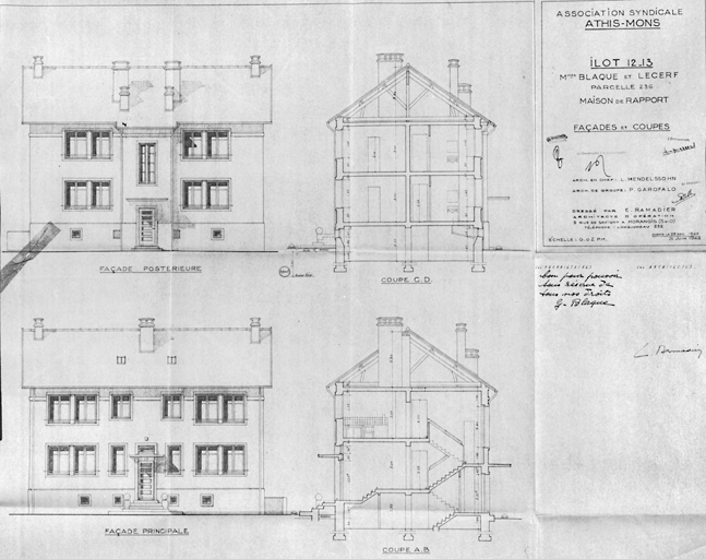 Façades et coupe de l'immeuble reconstruit pour Mmes Blaque et Lecerf dans l'îlot 12-13, par E. Ramadier, architecte d'opération, 25 juin 1948.