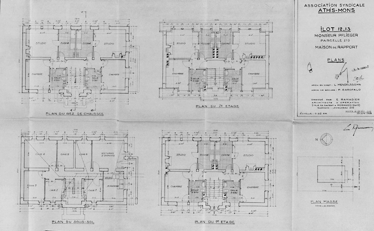 Plans de l'immeuble reconstruit pour M. Pflieger dans l'îlot 12-13, parcelle 213, par E. Ramadier, architecte d'opération, 25 juin 1948.